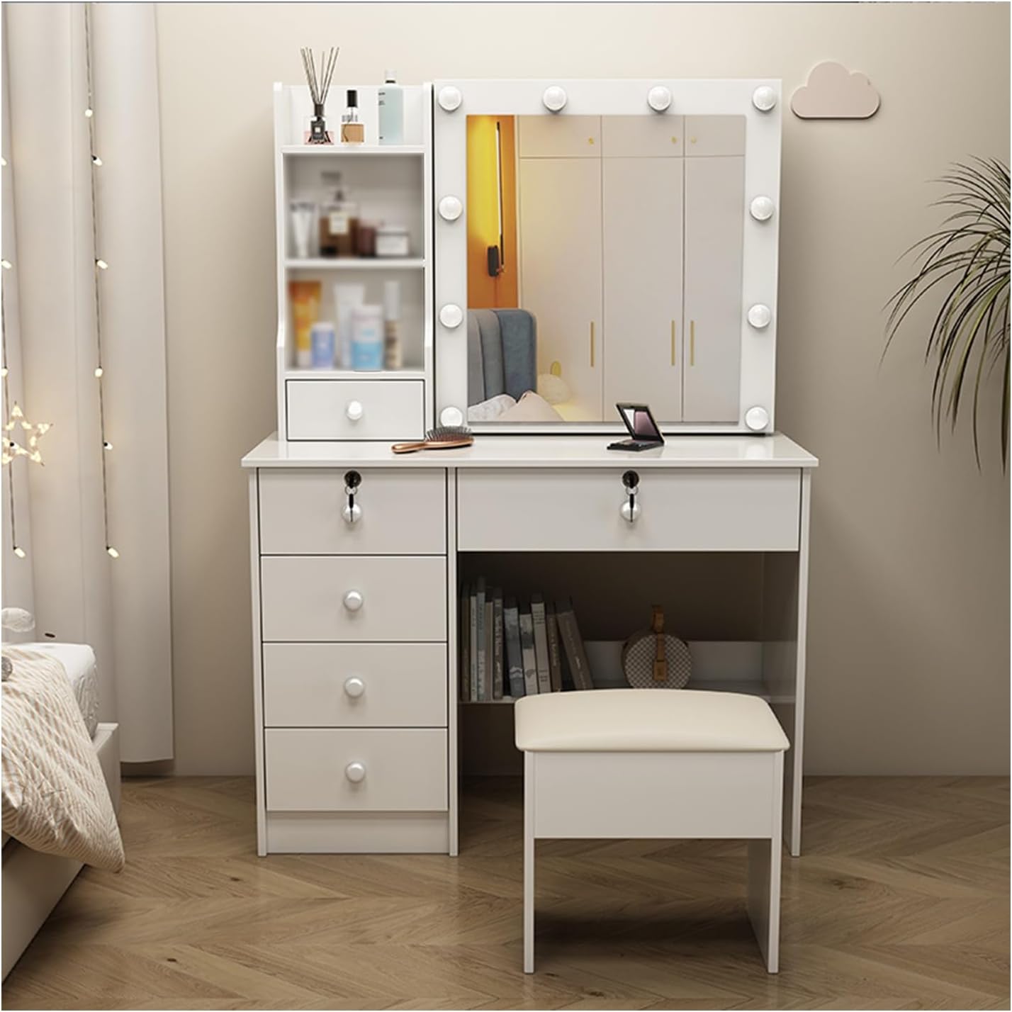Makeup Desk，Vanity Table Set ，Vanity Benches，Set Cosmetics Dresser，Cabinets Vanity Table for Storing Items，Suitable for Small Spaces, Bedrooms, Dressing Rooms, Etc.(80 * 40 * 132cm)