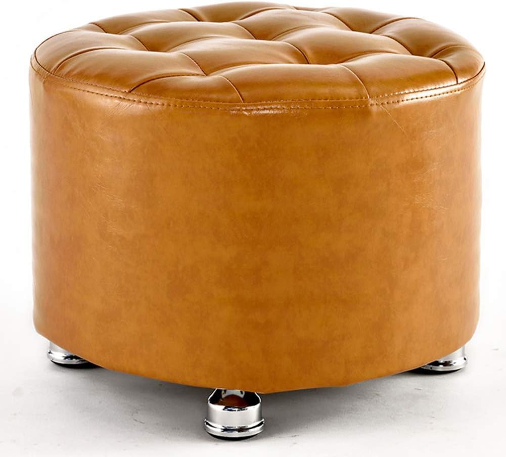 BTZHY Vanity Chair,Wood Seating Footstool Footrest Ottoman Pouffe,Round Makeup Coffee Table Chair Pouf Foot Stool with Faux Leather-Yellow 40x40x30cm