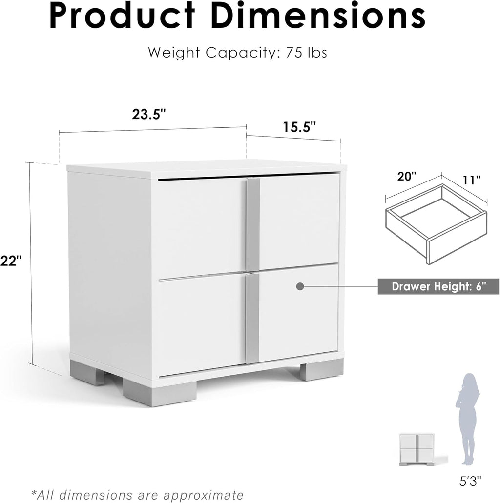Furniture of America Alistair Modern Wood 2-Piece Bedroom Set with LED on Headboard Bed, Ball-Bearing Glides, Vertical Chrome Handles on Nightstand, Box Spring Required, Queen, White
