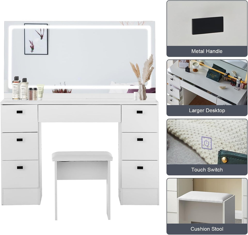 CLIPOP Makeup Vanity Desk with Large Lighted Mirror, Makeup Table with 7 Drawers, Power Outlet, Touch Control 3 Color Modes & Adjustable Brightness LED Strip, Cushioned Stool | Bedroom Dressing Table