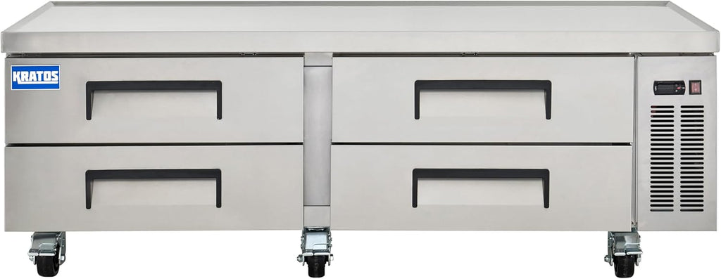 Kratos Commercial Refrigerator, 72' Wide Four Drawer Chef's Base, Refrigerated Mobile Equipment Stand for Restaurants, Stainless Steel, 115V, Large 16 Cubic Ft. Capacity (67K-317)