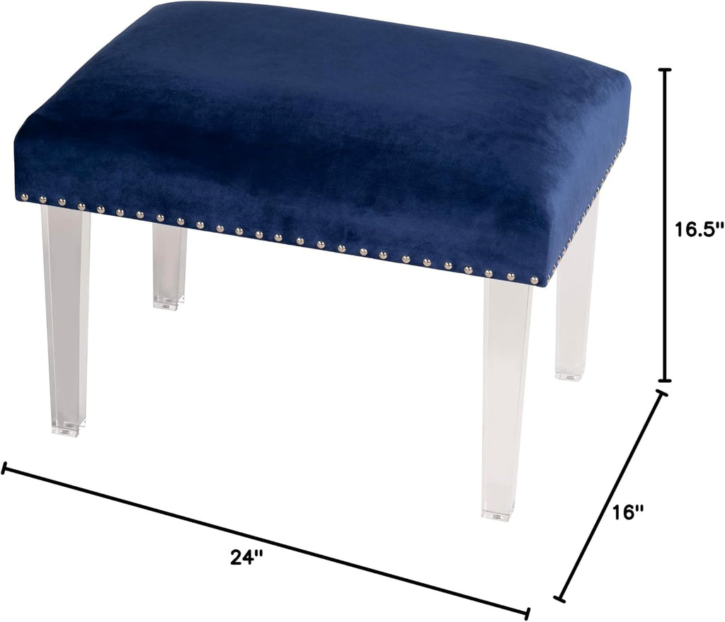 Cortesi Home Whitecrest Bench Ottoman with Clear Acrylic Legs 24', Blue Velvet