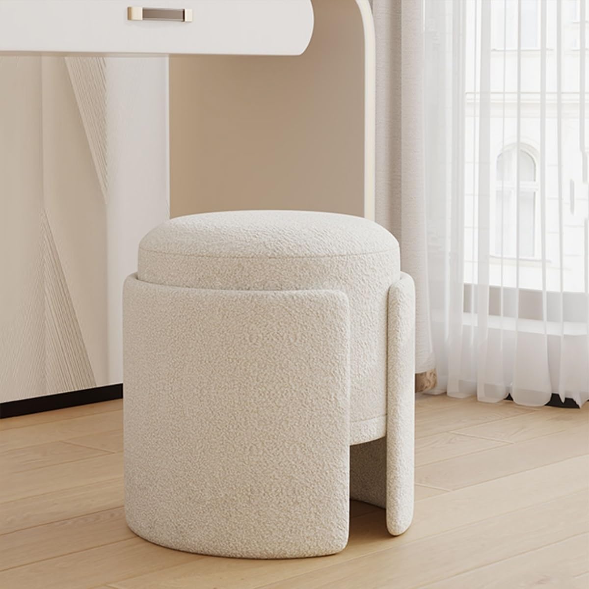 Modern Upholstered Ottoman Comfortable Vanity Stool End Table Pouf Under Desk Soft Dressing Foot Stool for Makeup Room, Living Room, Bedroom, Entrance(White)