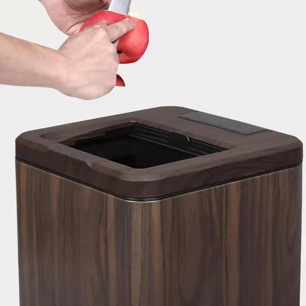Rechargeable Smart Sensor Trash Can Electric Wood Grain with Lid 12L Capacity Ebony Finish Ideal for Home Kitchen and Bathroom