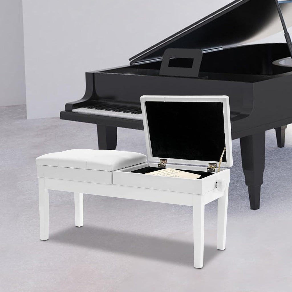 AngelcityCC Longer Duet Piano Bench with Storage, Adjustable Height Double Keyboard Piano Bench Seat with PU Leather Cushion
