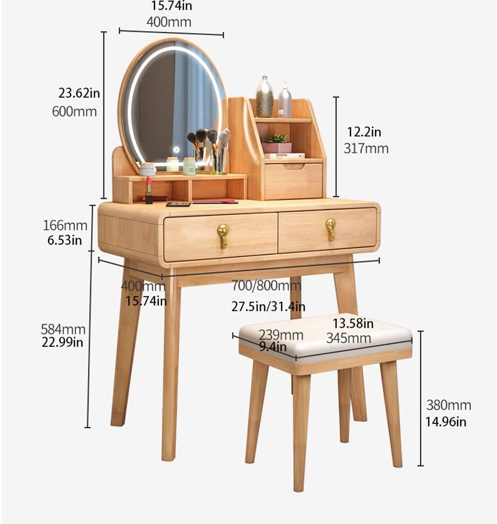 Vanity Benches Vanity Table Set with Lighted Mirror Ladies Fashion Makeup Table Modern Small Makeup Table for Bedroom Dresser with Drawers (Color : A, Size : L70CM)