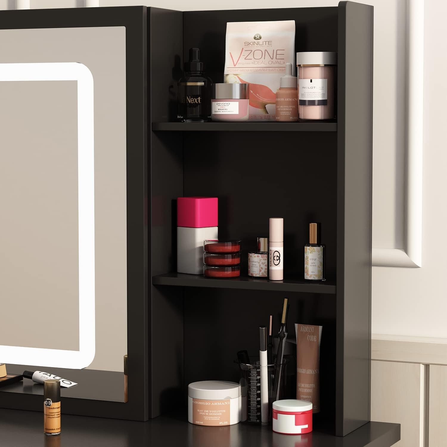 Homsee Vanity Desk Set Makeup Table with Large Sliding Lighted Mirror, Dressing Table with 5 Drawers, Storage Shelves & Cushioned Stool for Bedroom, Black