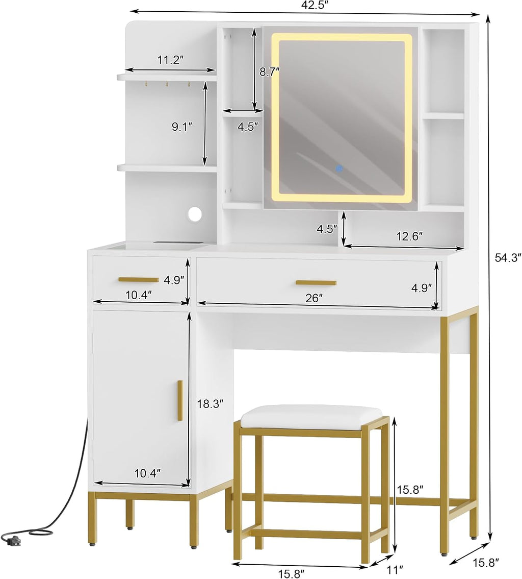 GarveeHome Makeup Vanity Desk with Lights in 3 Colors, White Vanity Table with Charging Station, Visible Drawers