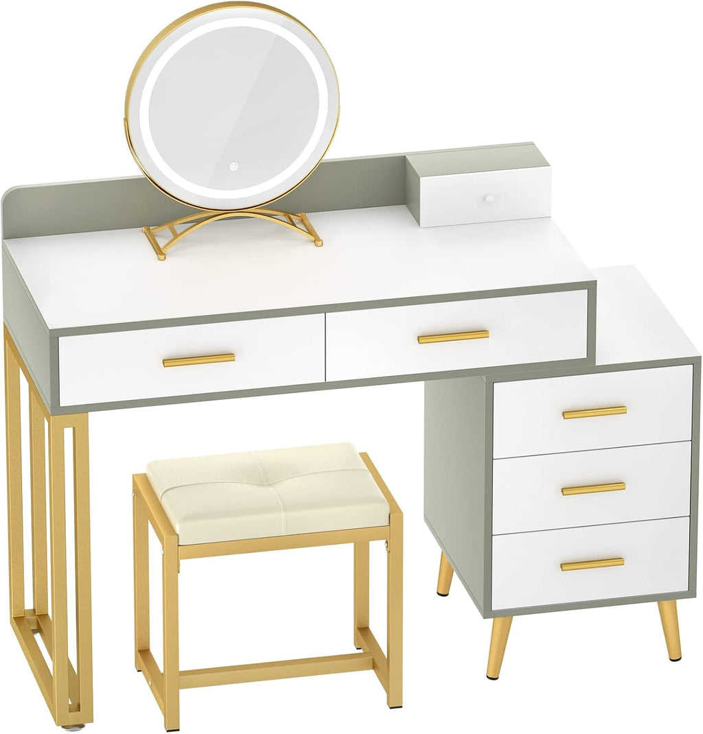 Armocity Vanity Desk with Mirror and Lights, Makeup Vanity Table Set with 6 Storage Drawers, Stool and Divided Organizers, Dressing Table with 3 Color Lighting Options for Women Girls, White and Cyan
