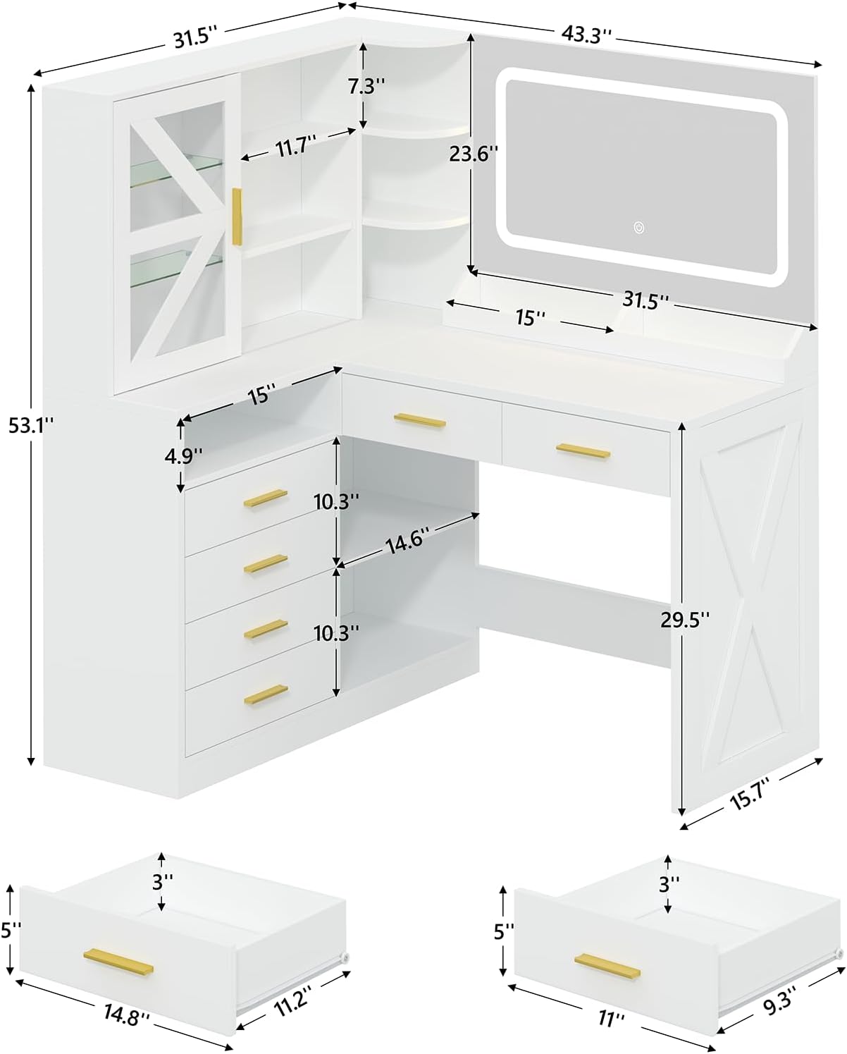 L-Shaped Corner Vanity Desk with LED Lighted Mirror & Charging Station, White Makeup Vanity with 6 Drawers & Sliding RGB Cabinet, Large Farmhouse Dressing Table with Open Storage Shelves for Women