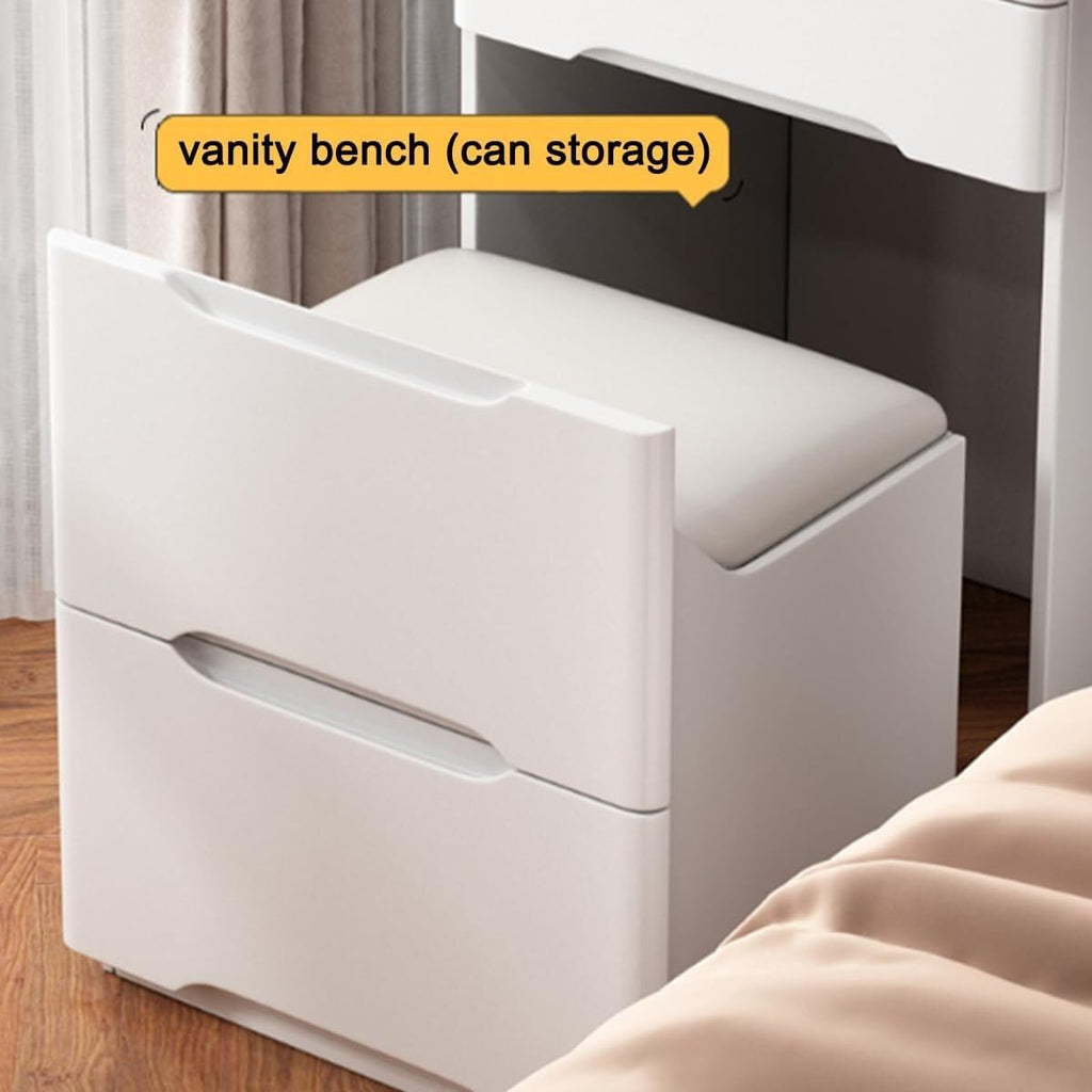 3-in-1 Corner Makeup Vanity Desk with Mirror White Dressing Table with 3 Drawers & Hidden Stool Multifunctional Vanity Set Solid Construction