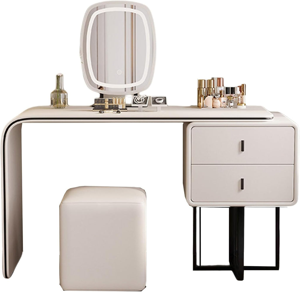 Makeup Table with Lighted Mirror and Chair Mirror 3 Colors Modes Dimming Rounded Corners Telescopic Adjustment Wood Vanity with Cushioned Stool(White)