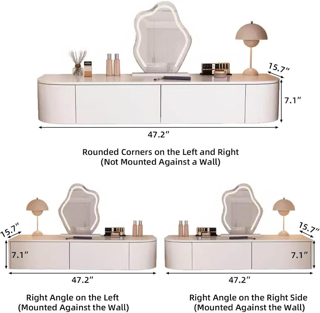 Floating Vanity Makeup Table White Wall Mounted Dressing Table Dresser With Mirror Floating Corner Desk For Bedroom Hanging Desk With Drawers Small Space Vanity With Lighted Mirror Shelf Wall-mounted(