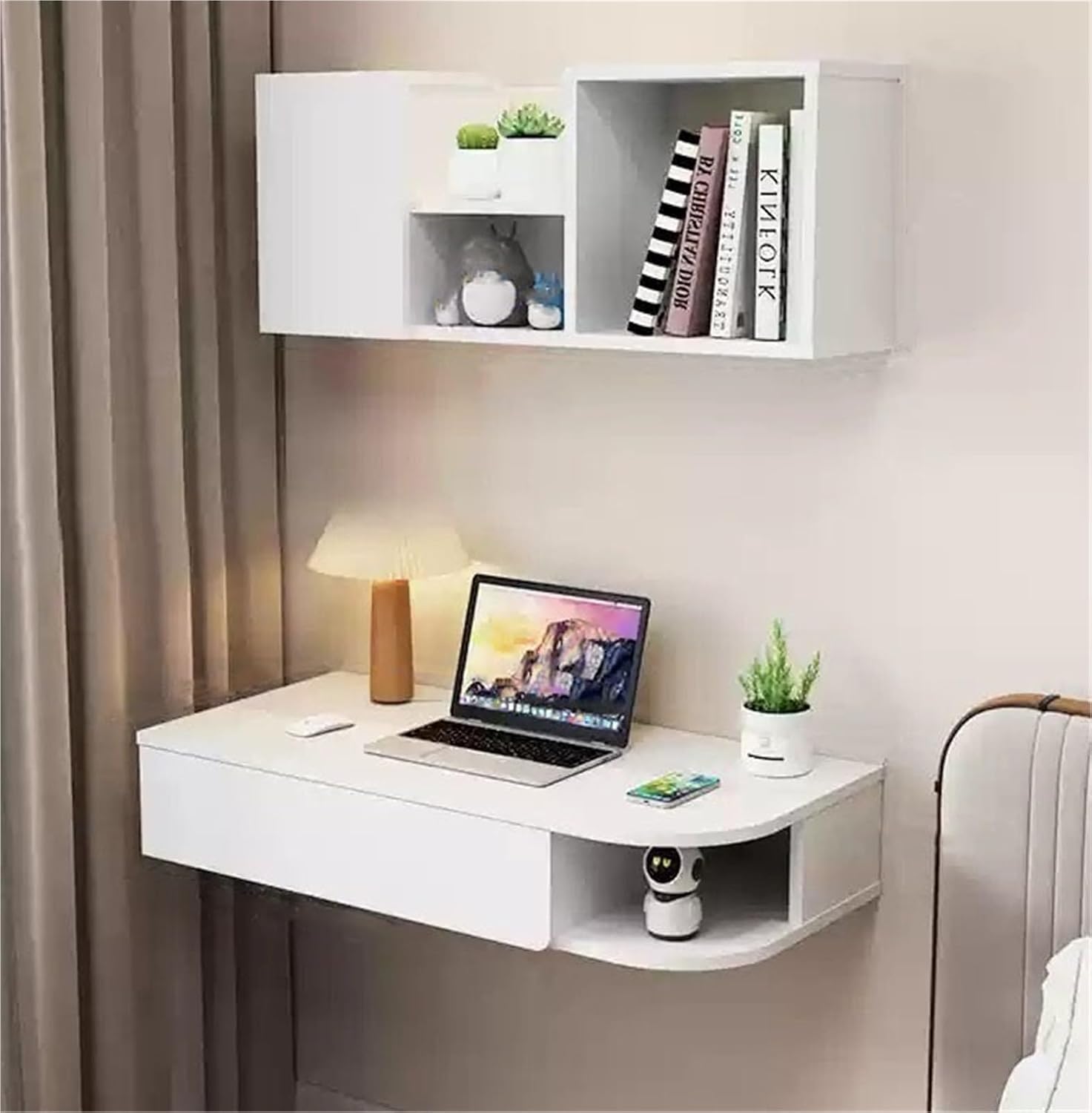 Vanity Set Dressing Table Floating Laptop Table with Supporting Bookshelf Wall Mounted Shelf with Drawers Space-Saving Corner Vanity Desk,Ideal for Home