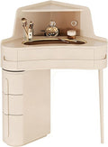 Corner Dressing Table for Small Spaces – French Cream Style Triangle Vanity Desk with Drawer, Side Shelves, Space-Saving Makeup Table for Bedroom