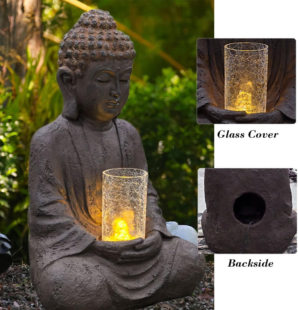 24' H Buddha Water Fountain Sitting Buddha Zen Fountain with Glass Cover and LED Light Meditation Indoor/Outdoor Decor for Garden Patio Yard Home Lawn