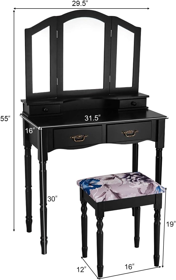 Giantex Vanity Table Set with Tri-Folding Mirror, Makeup Dressing Table with 4 Drawers, Bedroom Vanity with Padded Stool, Room Desk Vanities, Black