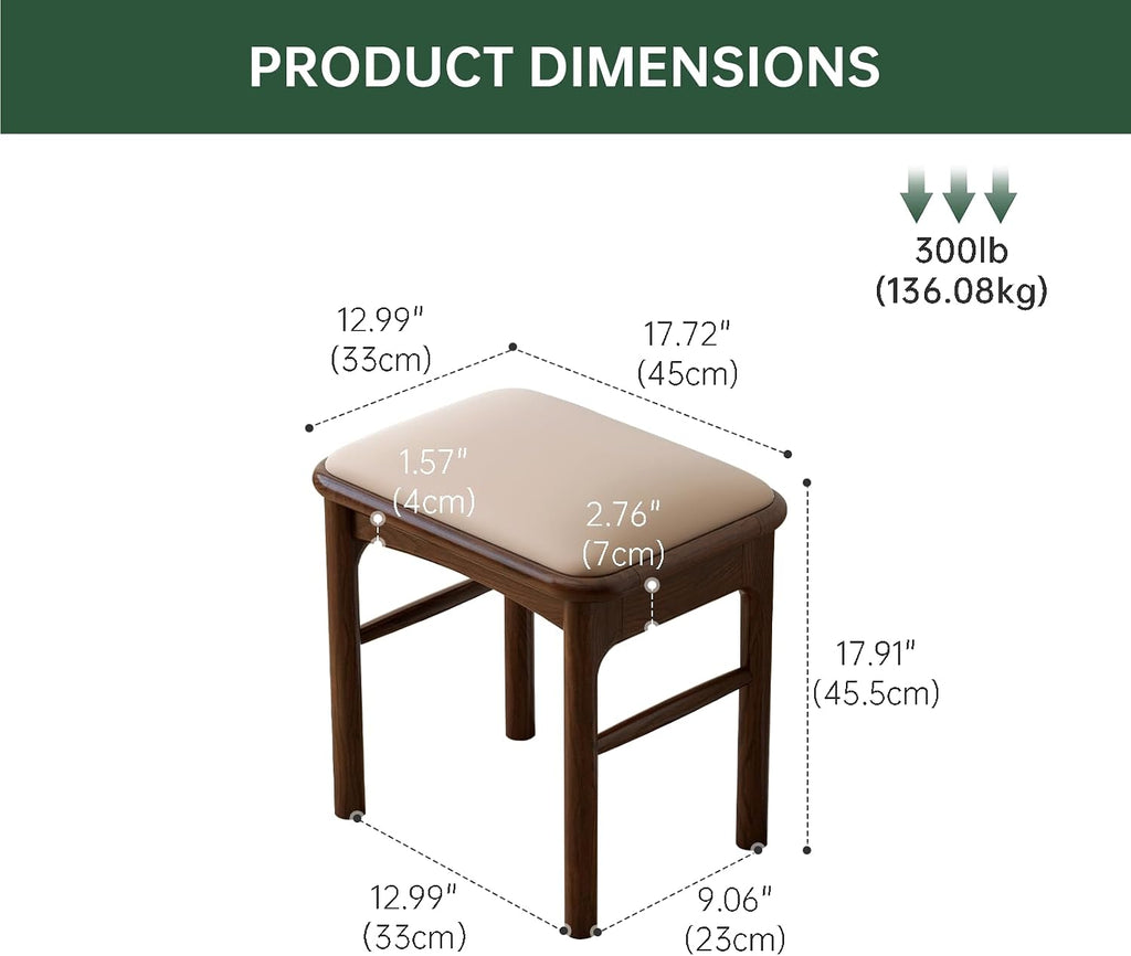 Solid Wood Leather Upholstered Dining Bench & Stool Set, 47.2'' Long Bench and 17.7'' Suqare Stool Set for Dining Table, Walnut Ottoman Footrest Bench Seat for Entryway Dining Bedroom, 3pcs