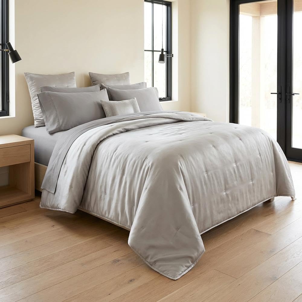 Michael Amini Messina Gray 4-Piece King Quilt Set with 100% Polyester Sateen Face and Back, Soft Durable Fabric, Wrinkle-Reducing Bedding for Elegant Bedroom Comfort