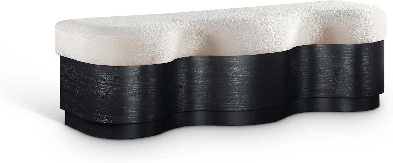 Meridian Furniture 22081Cream Savoy Collection Art Deco Bench with Soft Cream Velour Fur Fabric, Rich Black Finish, Mix of Solid Wood & MDF, 60' W x 18.5' D x 18.5' H, Cream