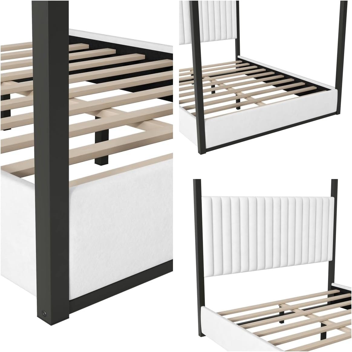 Queen Size 4-Poster Metal Canopy Platform Bed with Upholstered High Backrest Headboard - DIY Canopy Design, Heavy-Duty Metal Frame, Easy Assembly (Black, Queen)