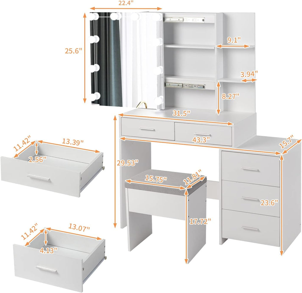 Karl home Lighted Vanity Desk with Sliding Mirror White Makeup Table with 5 Drawers, Storage Shelves, Cushioned Stool, LED Dressing Table Set for Women