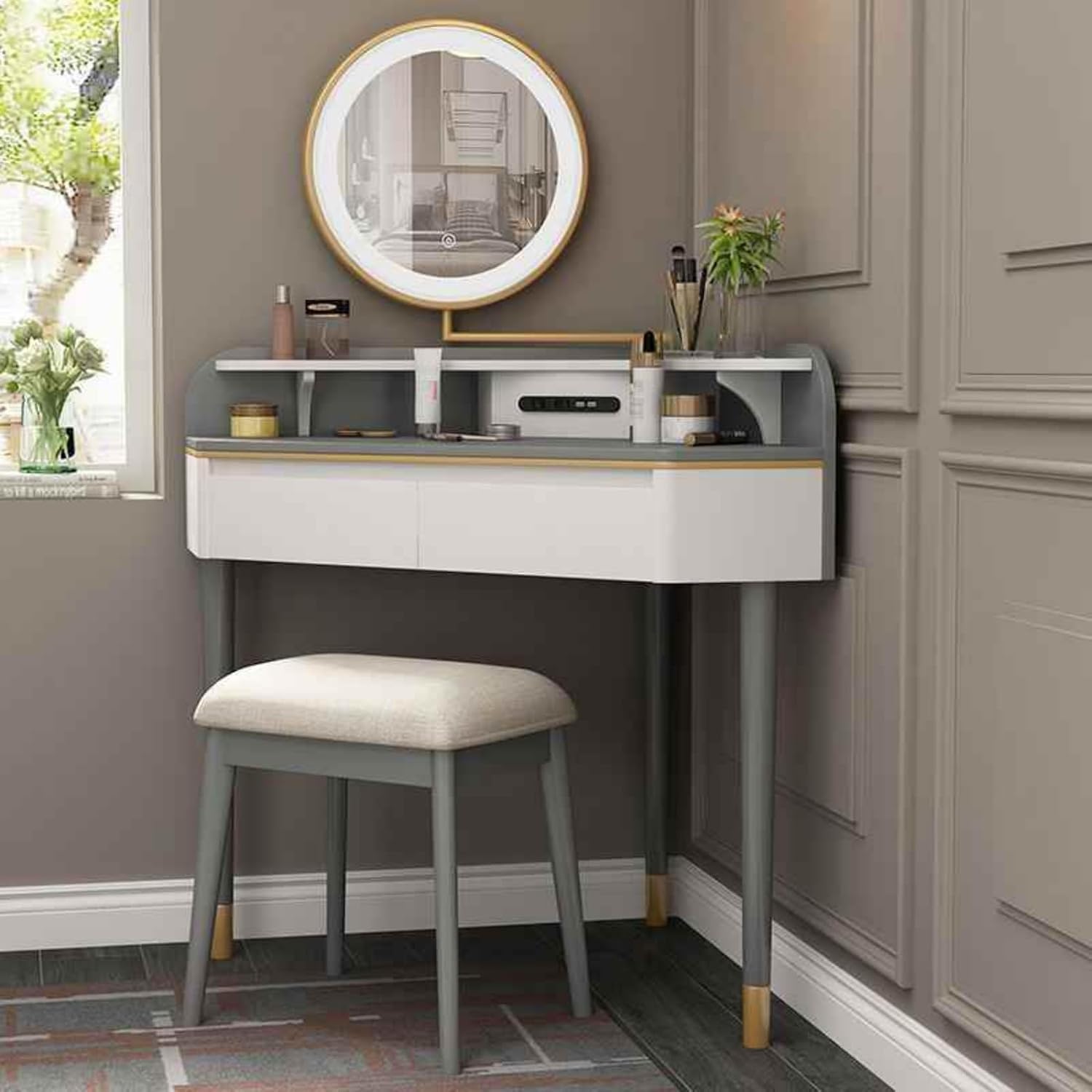 Corner Makeup Vanity Desk, Modern Vanity Table with 2 USB Ports, 2-Drawer Dressing Table, L-Shaped Vanity Tables, Solid Wood Writing Desk for Small Places (Gray)