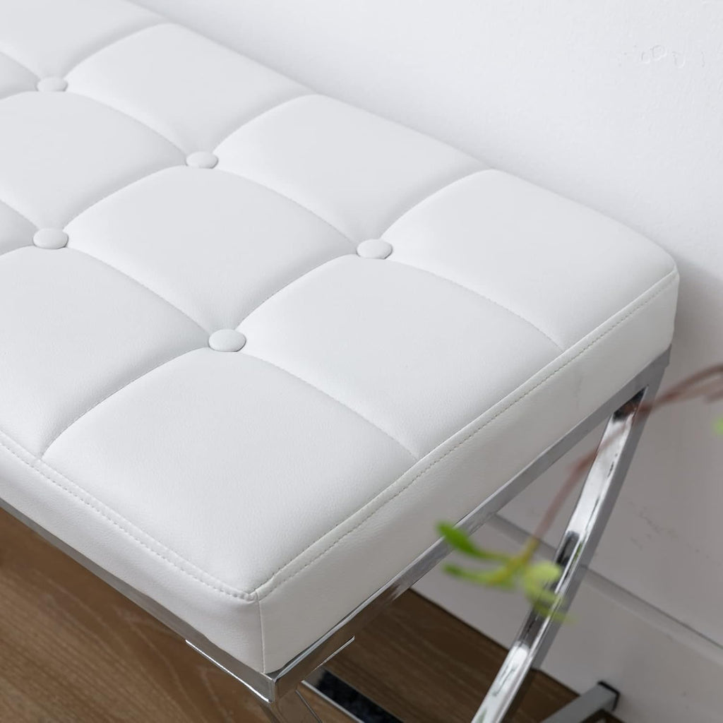LukeAlon Modern PU Leather Dining Bench, Button Tufted Ottoman Bench with X-Shape Chrome Finish Upholstered End of Bed Bench Comfy Entryway Bench for Bedroom Kitchen, White