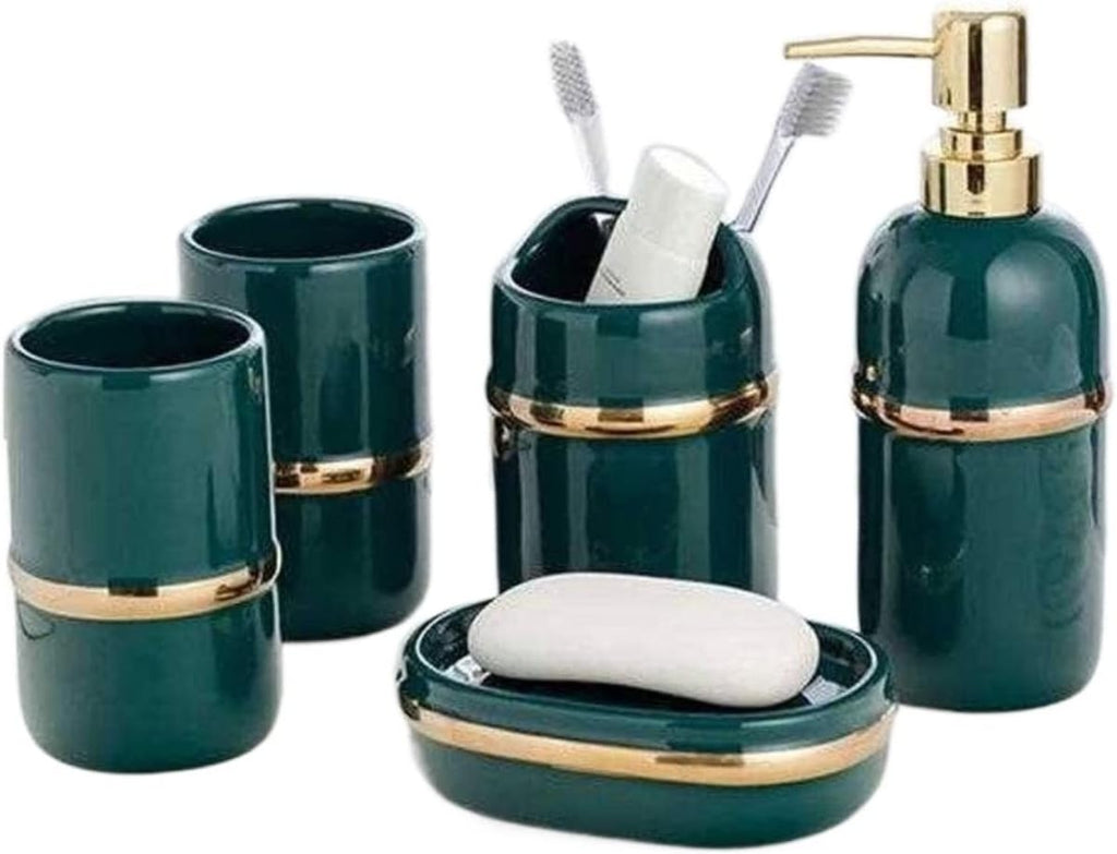 Vanity Bathroom Decor, Bathroom Accessory Sets Bathroom Set 5-Piece Ceramic Elegant and Stylish Design Wash Set Bathroom Gift Housewarming Gift(Green)
