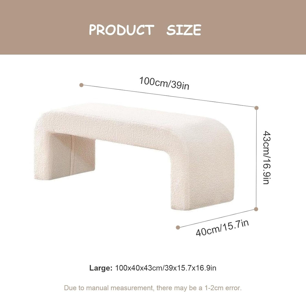 Cream White,Large, Fuzzy Sherpa Upholstered Ottoman Bench, Ottoman Bench End of Bed, Modern Upholstered Bench, Modern Fabric Arched Bench, Vanity Bench Stools for Living Room Bedroom Entryway