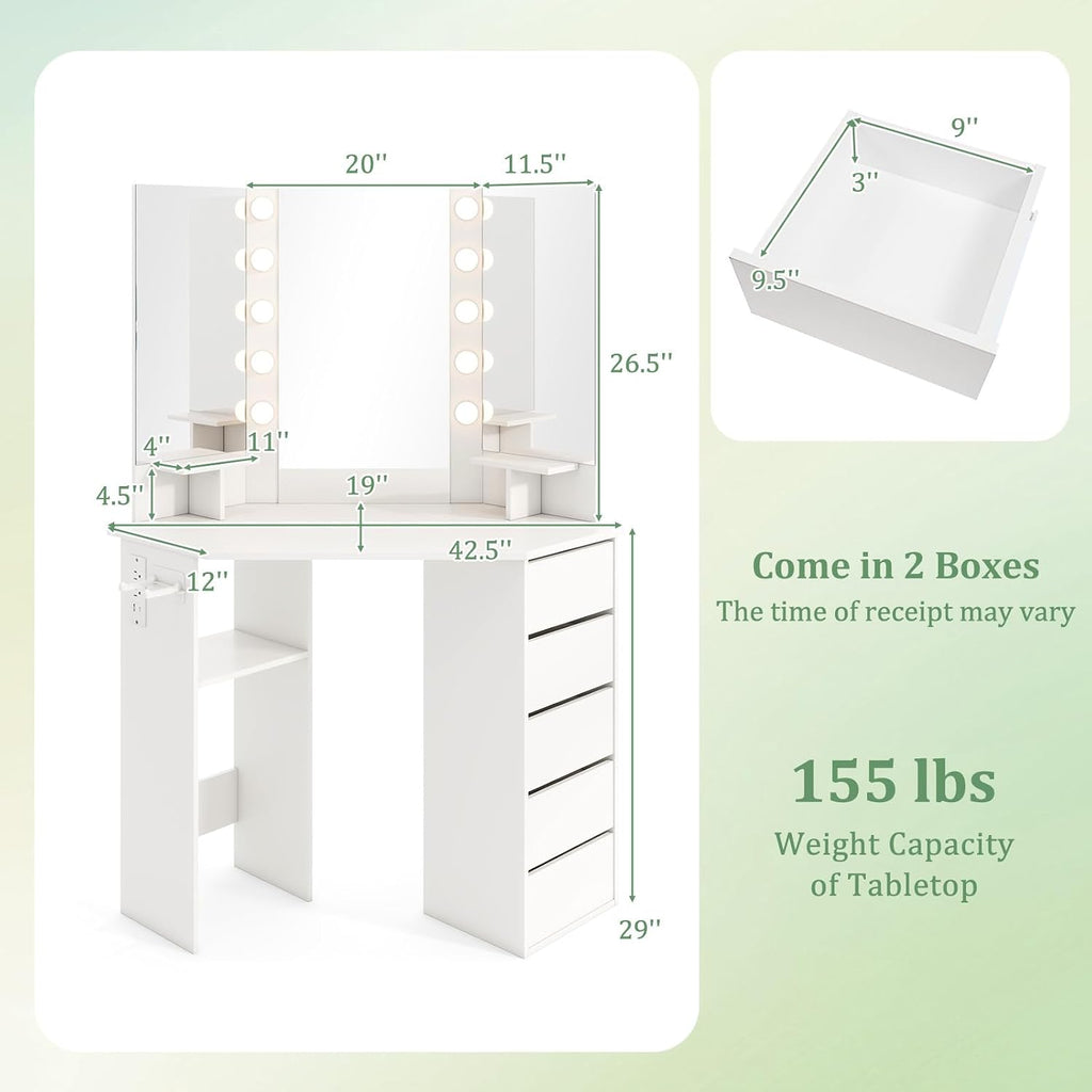 CHARMAID Corner Vanity Desk with Mirror and Lights, White Makeup Vanity Table with 5 Drawers, Storage Shelves, Charging Station, 3 Lighting Modes, Compact Vanity Dressing Table for Small Space