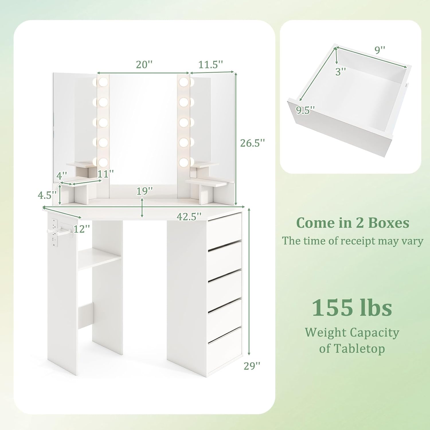 CHARMAID Corner Vanity Desk with Mirror and Lights, White Makeup Vanity Table with 5 Drawers, Storage Shelves, Charging Station, 3 Lighting Modes, Compact Vanity Dressing Table for Small Space