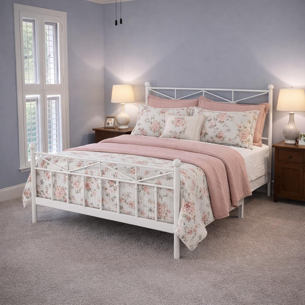 EnHomee 14.2' Metal Full Size Bed Frame with Tall Headboard & Footboard, LED Light Full Bed Frame, Strong Metal Slats Support and Noise-Free Design with Under Bed Storage/No Box Spring Needed/White