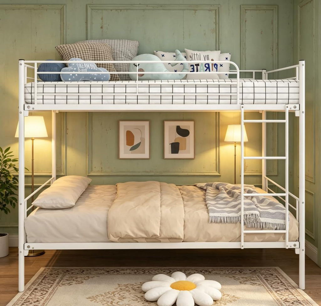 Bellemave Twin Over Twin Bunk Beds, Metal Bunk Bed Frame with Ladder and Full-Length Guardrail for Kids, Adults, Can be Split, White
