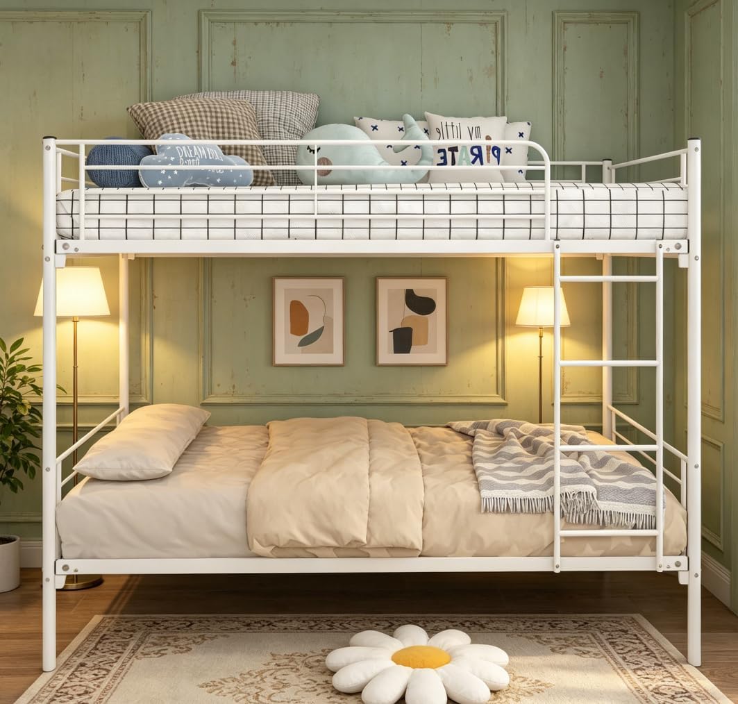 Bellemave Twin Over Twin Bunk Beds, Metal Bunk Bed Frame with Ladder and Full-Length Guardrail for Kids, Adults, Can be Split, White
