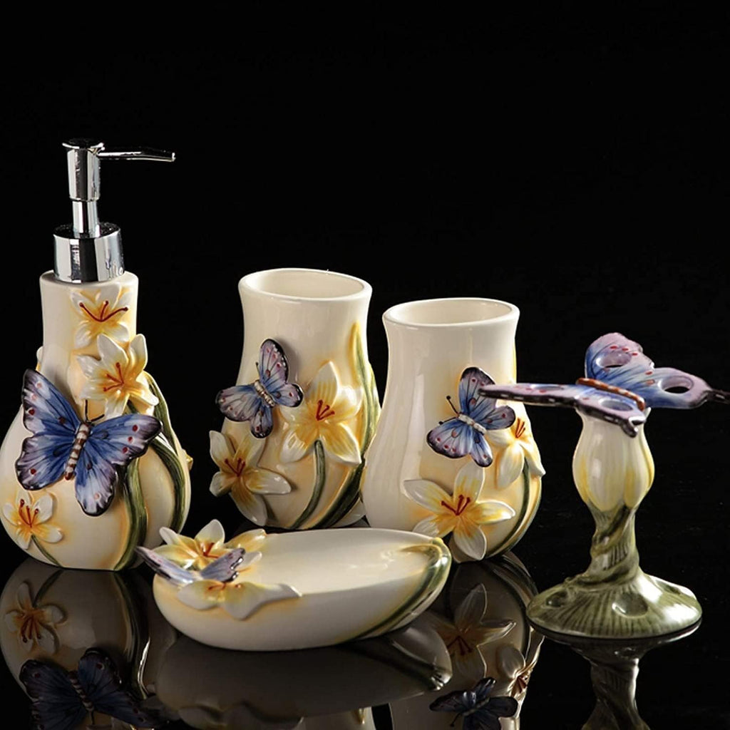 Vanity Bathroom Decor, Three Dimensional Relief Bathroom Accessories Set 5-Piece Ceramics Bath Accessory Butterfly Pattern Set Housewarming Gift