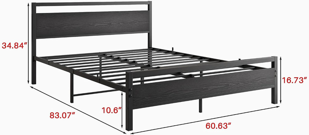 BOFENG Black Queen Size Bed Frames with Wood Headboard,Heavy Duty Metal Platform Bed Frame with Storage No Box Spring Needed,Strong Steel Slats Support,Noise Free