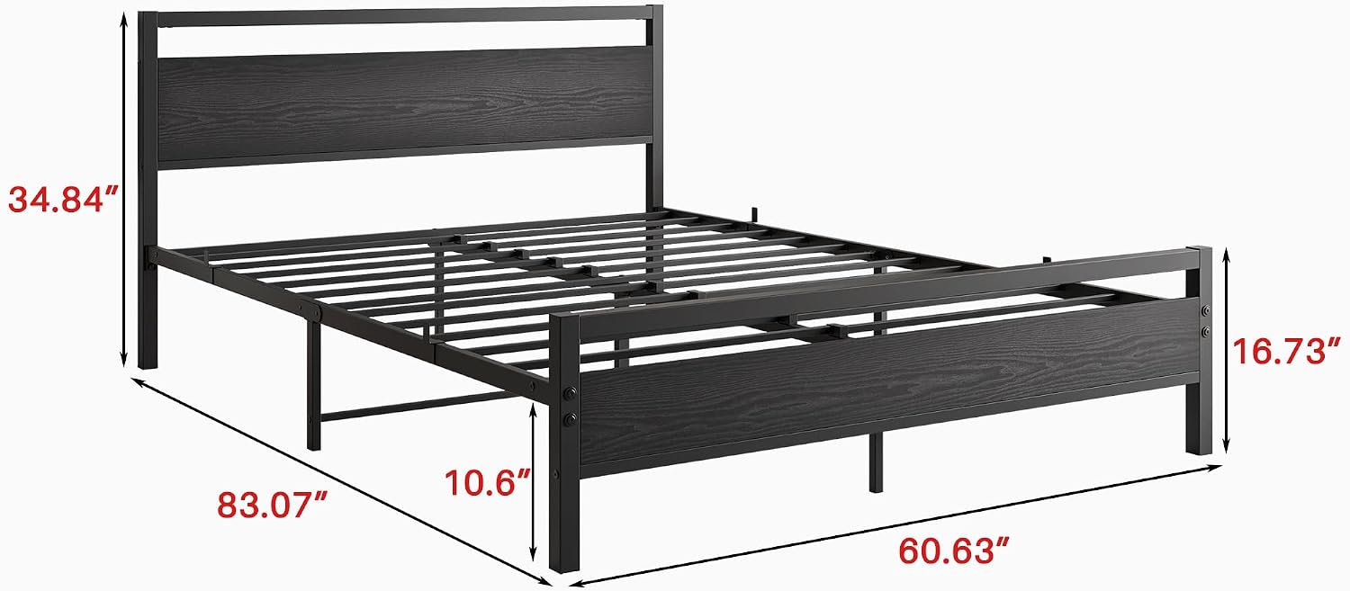 BOFENG Black Queen Size Bed Frames with Wood Headboard,Heavy Duty Metal Platform Bed Frame with Storage No Box Spring Needed,Strong Steel Slats Support,Noise Free