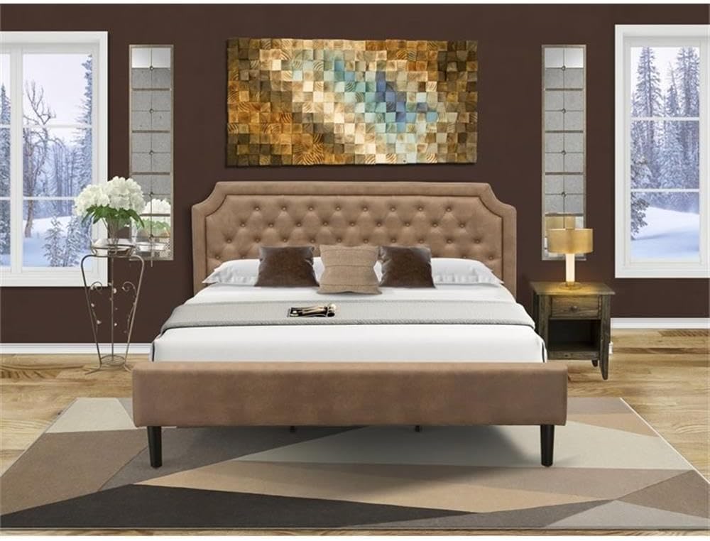 East West Furniture GB28K-1GA07 2-Piece Platform Bedroom Set with Button Tufted King Frame and 1 Distressed Jacobean End Table - Brown faux Leather with Brown Texture and Black Legs