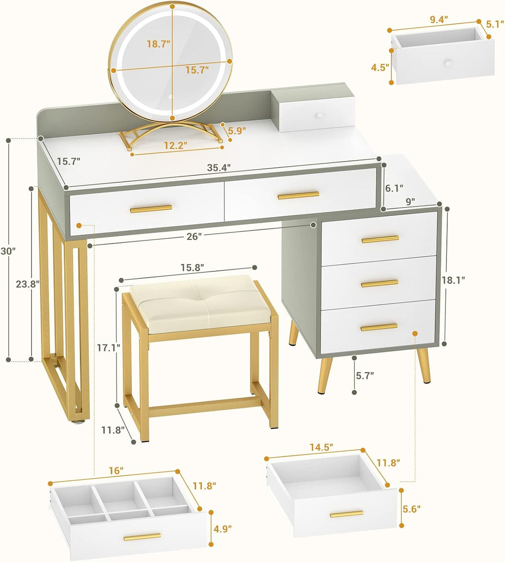 Armocity Vanity Desk with Mirror and Lights, Makeup Vanity Table Set with 6 Storage Drawers, Stool and Divided Organizers, Dressing Table with 3 Color Lighting Options for Women Girls, White and Cyan