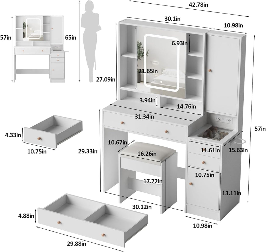 Halitaa Vanity Desk with Mirror and Lights, Glass Top Vanity Table Makeup Vanity with Lights and Charging Station & Sliding Door, Glass Top Vanity with 3 Drawers and Jewelry Cabinet, 42.8inch