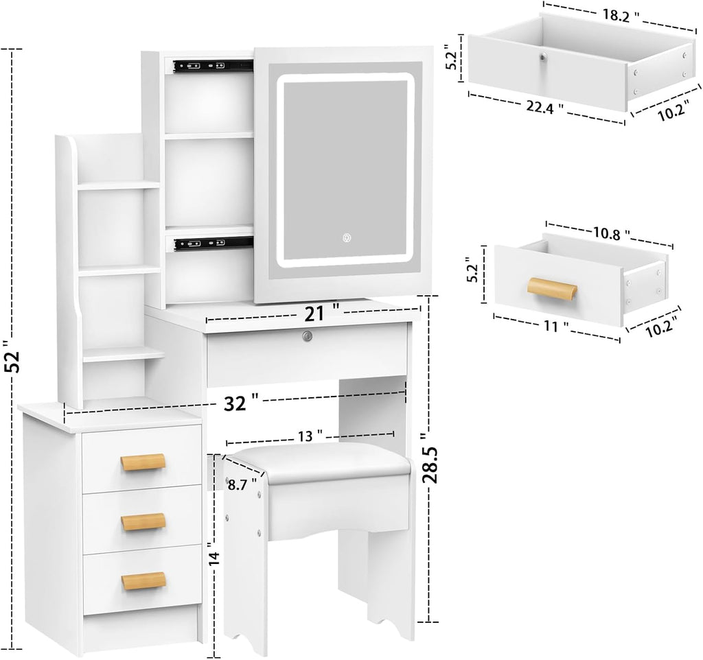 Vanity Desk with Mirror and Lights,Teen Girls Makeup Vanity Table, Dresser with mirror, Bedroom Vanity Set with 6 Spacious Drawers ,Shelves Dressing Desk for Bedroom Dressing Room (White with light)
