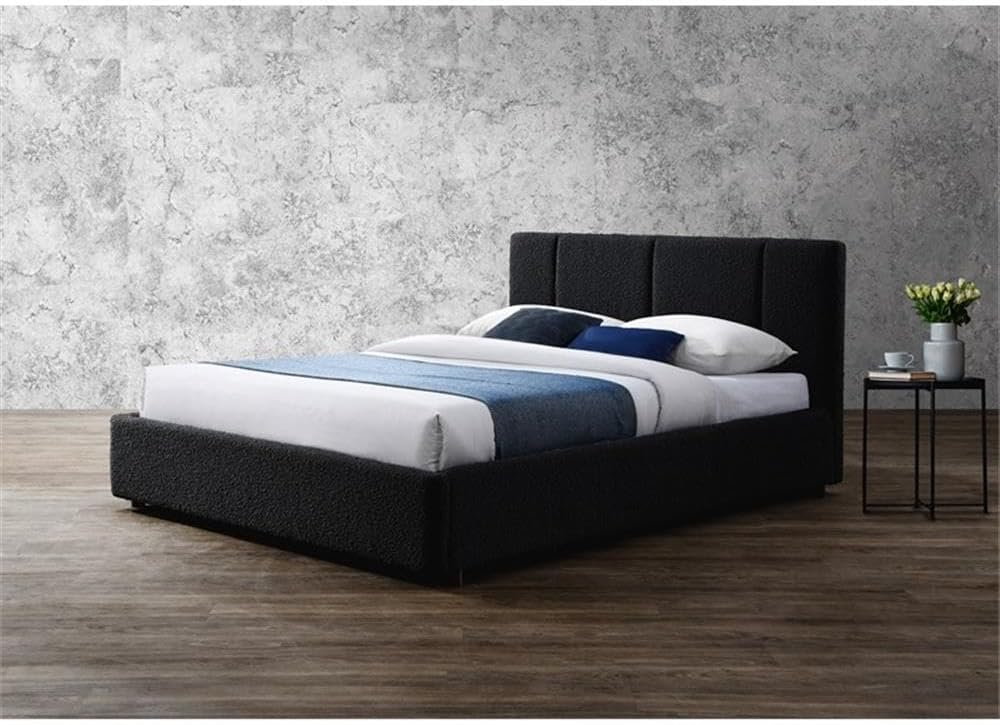 Venice Upholstered Platform Bed | Box Spring Not Required | (Black Boucle, Queen Bed Frame)
