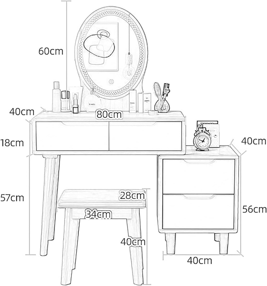 Rieort Vanity Desk MDF Vanity Benches with Adjustable Lights Mirror Makeup Table 4 Drawers Vanity Table Set Luxury Dressing Table