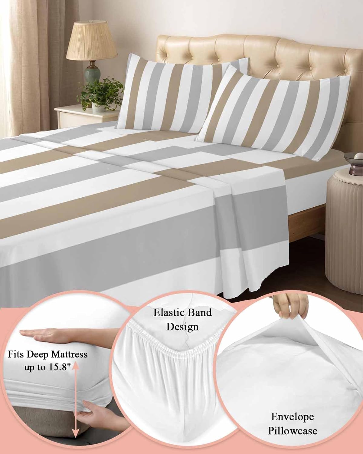 Brown Grey Striped King Sheet Set 4 Piece Bedding - Geometric Vertical Stripes White Breathable Comfy Cooling Bed Sheets & Pillowcase Sets,Hotel Luxury Flat Sheets Deep Pockets Fitted Sheet for Women