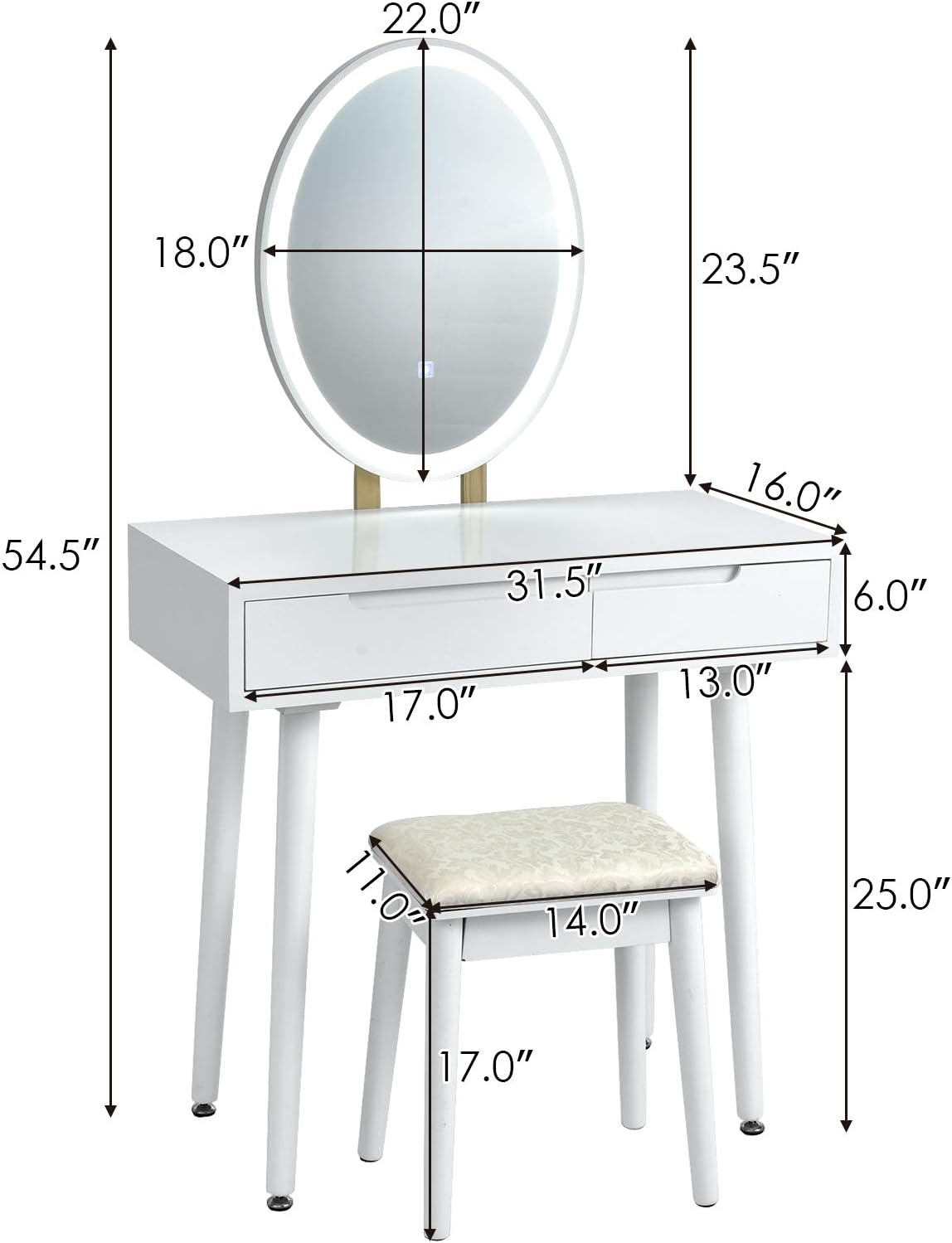 CHARMAID Vanity Set with Lighted Mirror, 3 Modes Adjustable Brightness Mirror, Makeup Dressing Table with Cushioned Stool, 2 Sliding Drawers with Divider, Modern Bedroom Vanity for Girls Women (White)