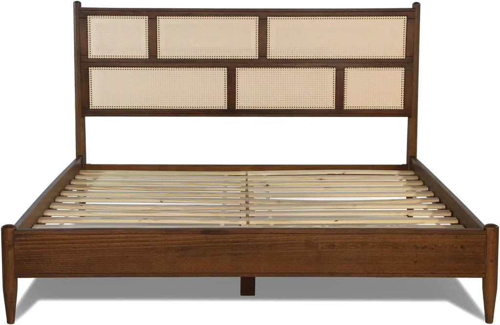 Grain Wood Furniture Mid Century Cane Solid Wood Queen Size Bed with a Brushed Walnut Finish