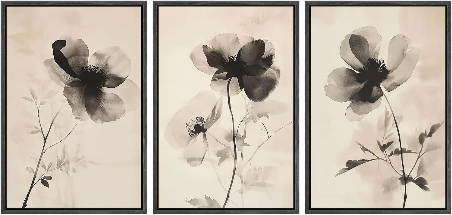 SIGNWIN Framed Canvas Print Wall Art Set Black and White Ink Flowers Minimalist Monochrome Floral Illustrations Modern Art Rustic Scenic Relax/Calm for Living Room, Bedroom, Office - 16'x24'x3 Black
