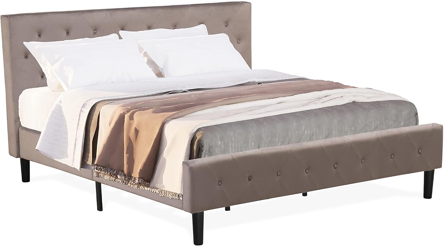 East West Furniture NL14K-2HA13 3 Piece Modern Bedroom Set - King Size Button Tufted Bed Frame - Brown Taupe Velvet Fabric Upholstered Headboard and a Burgundy Finish Nightstand