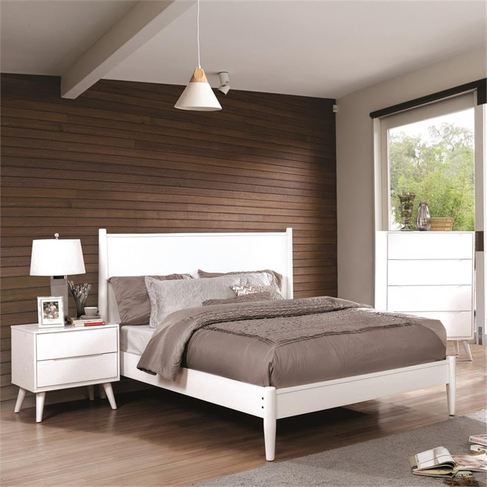 Allora 2pc Mid-Century Bedroom Set, Solid Wood & Veneer, White Finish, King Bed with Panel Headboard & Tapered Legs, Nightstand with 2 Drawers, Modern Minimalist Design for Bedroom Decor